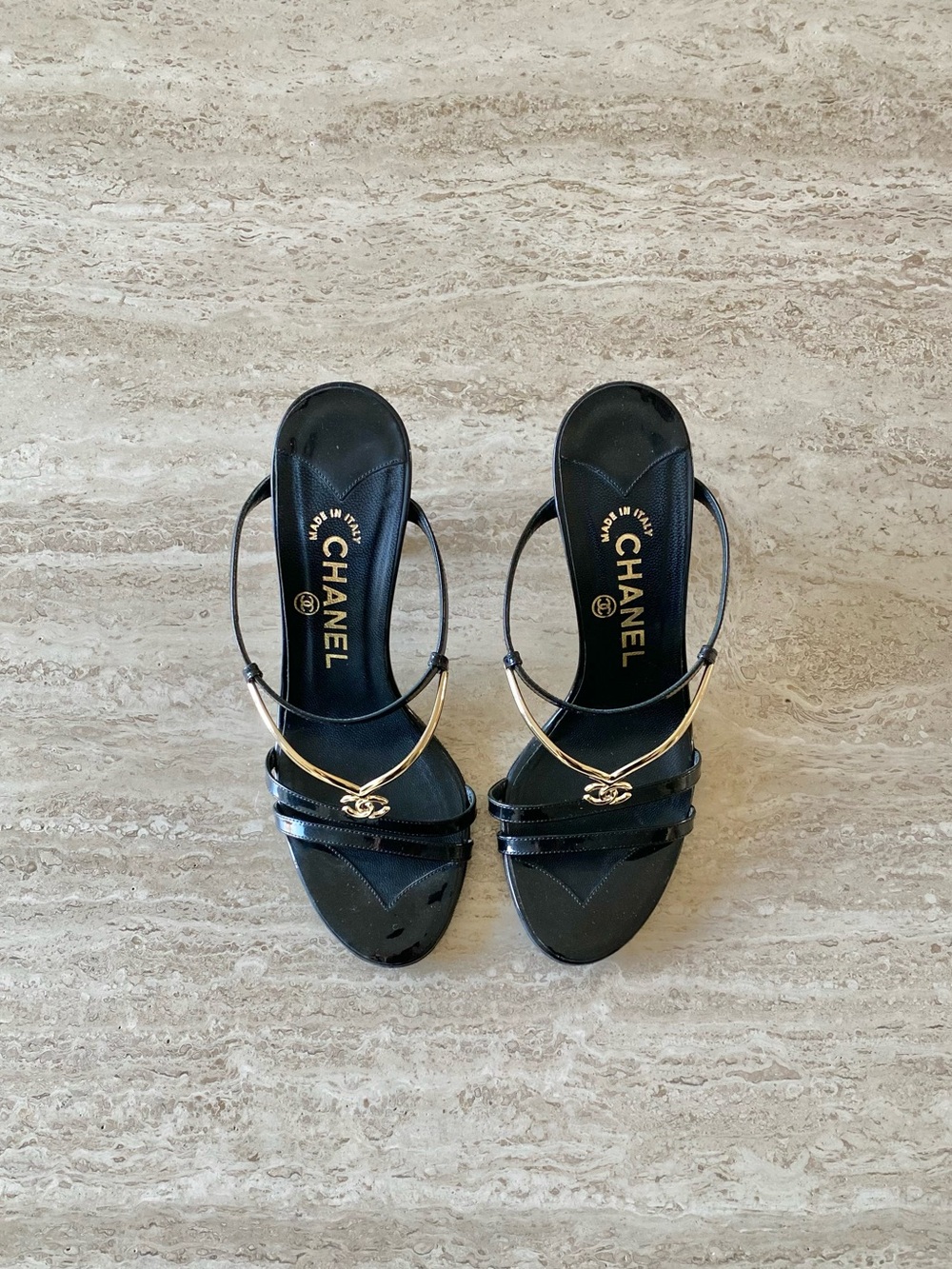 Vintage Chanel Gold GG Strappy Sandal Heels